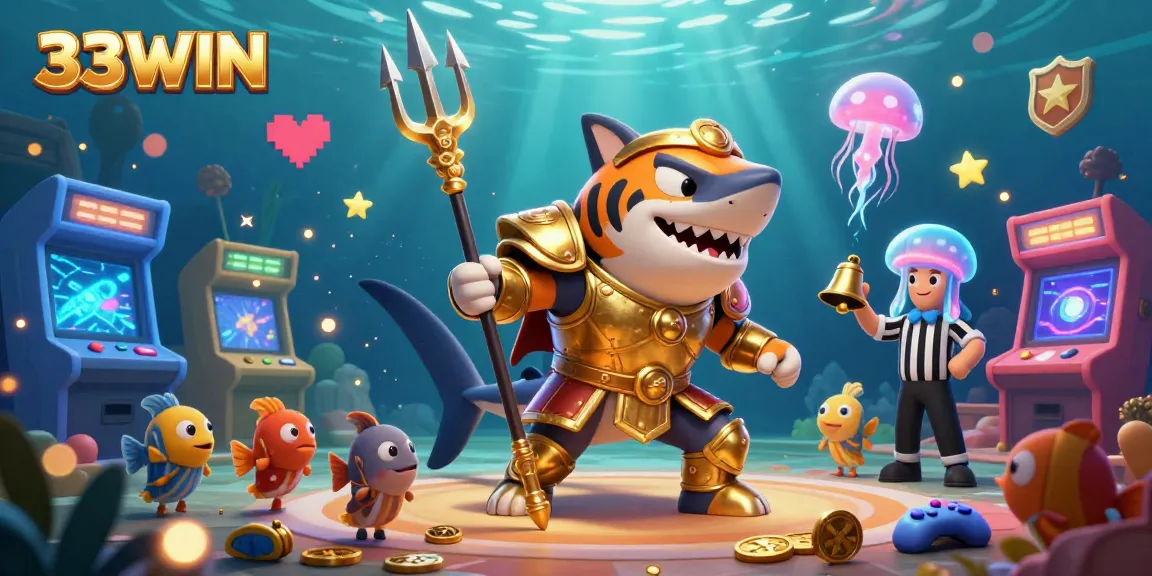Engage with 33WIN in an underwater colosseum scene featuring a tiger shark and jellyfish referee.