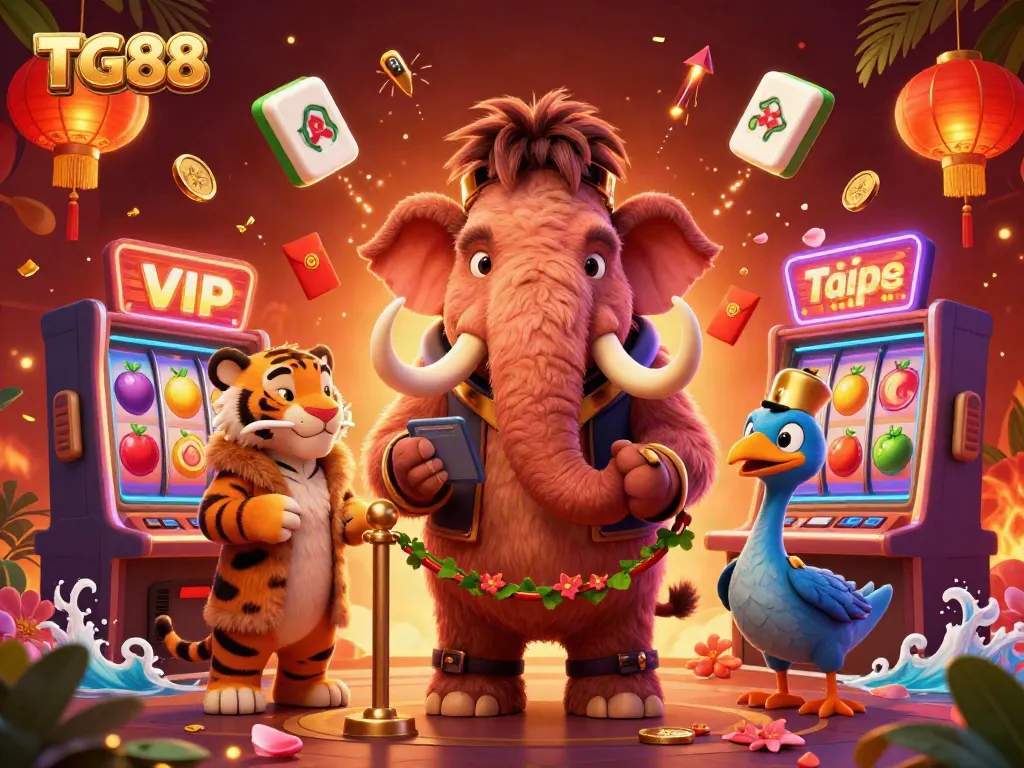 Experience the TG88 casino atmosphere with a woolly mammoth bouncer, saber-tooth VIP, and vibrant slot machines.