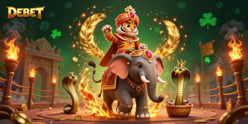 Experience the thrill of DEBET's vibrant online casino world, featuring a Maharaja riding a jewel-encrusted elephant amidst golden game elements.
