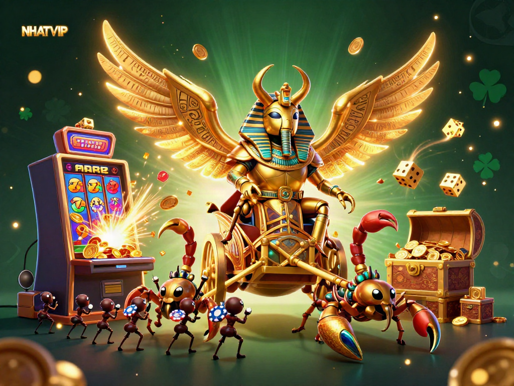 Experience vibrant casino excitement with NHATVIP through a dynamic jackpot scene featuring a golden scarab and slot machine.