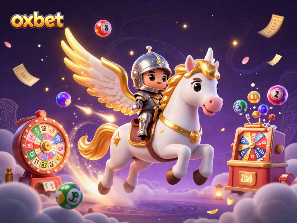 Experience the excitement of oxbet with a cartoon horse and knight amidst colorful lottery elements.