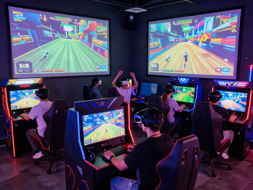 Exciting scene of players enjoying kilat404 gaming in a lively arcade