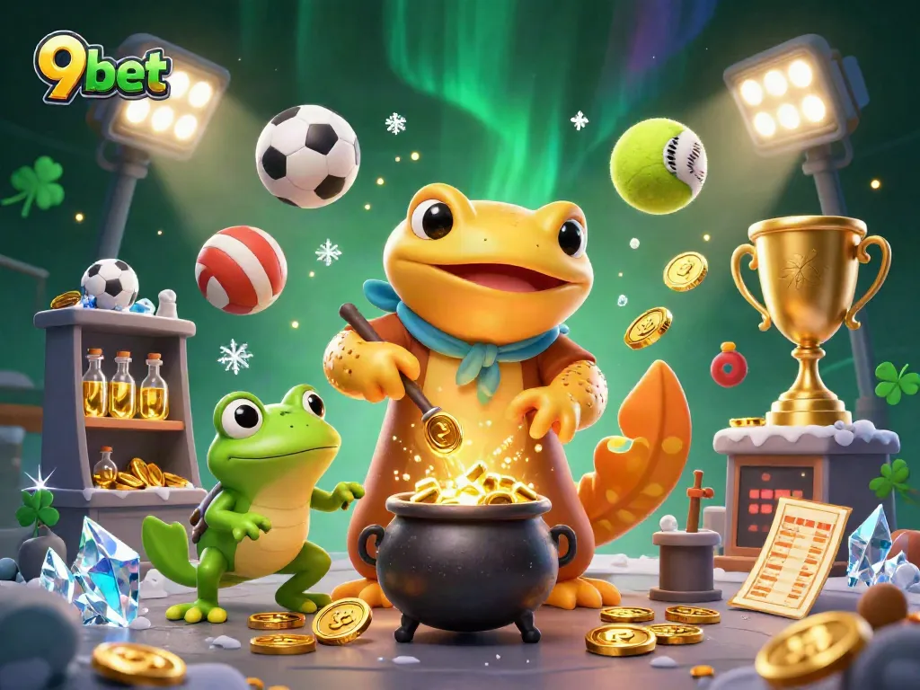 Engage with 9bet's thrilling gaming experience featuring vibrant casino characters and sports elements.