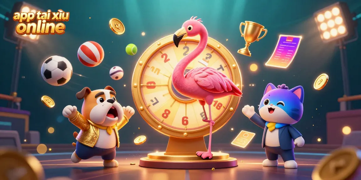Exciting scene featuring app tài xỉu online with a game show host and a cheering bulldog alongside dynamic casino elements.