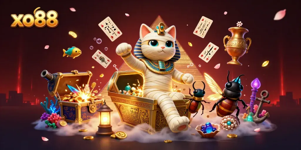 Experience dynamic gameplay at xo88 with Egyptian mummy cat in a vibrant casino scene.