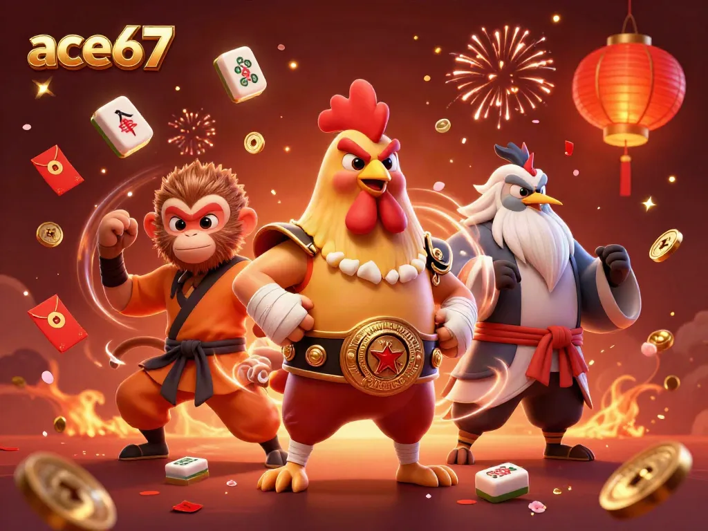 Play exciting games at ace67 featuring a dynamic scene with colorful characters and festive elements.