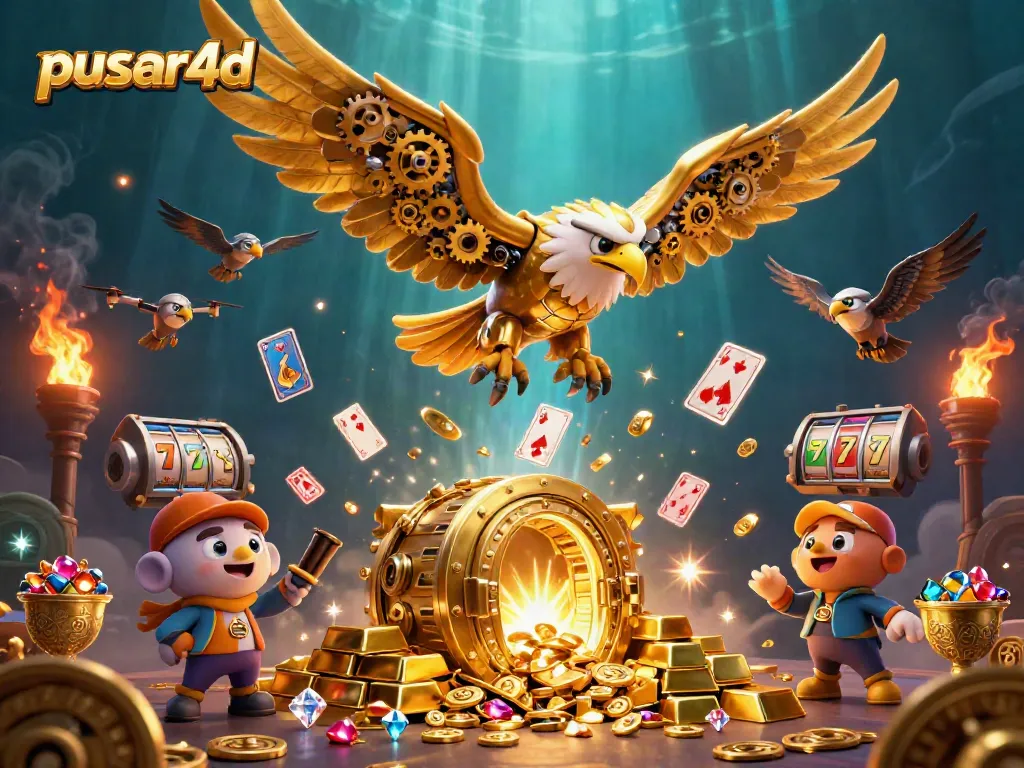 Pusar4d showcases a thrilling 3D scene with a cybernetic eagle flying through holographic slot machines and treasure details.