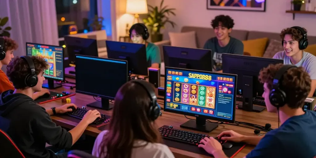 Players engaged in excitement using sapporo88 link for online slots in a cozy gaming environment.