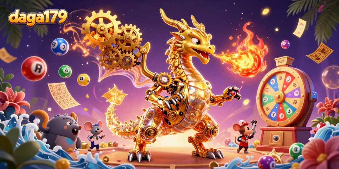 Experience the thrill of daga179 with a dazzling illustration of a golden dragon and lively lottery elements.