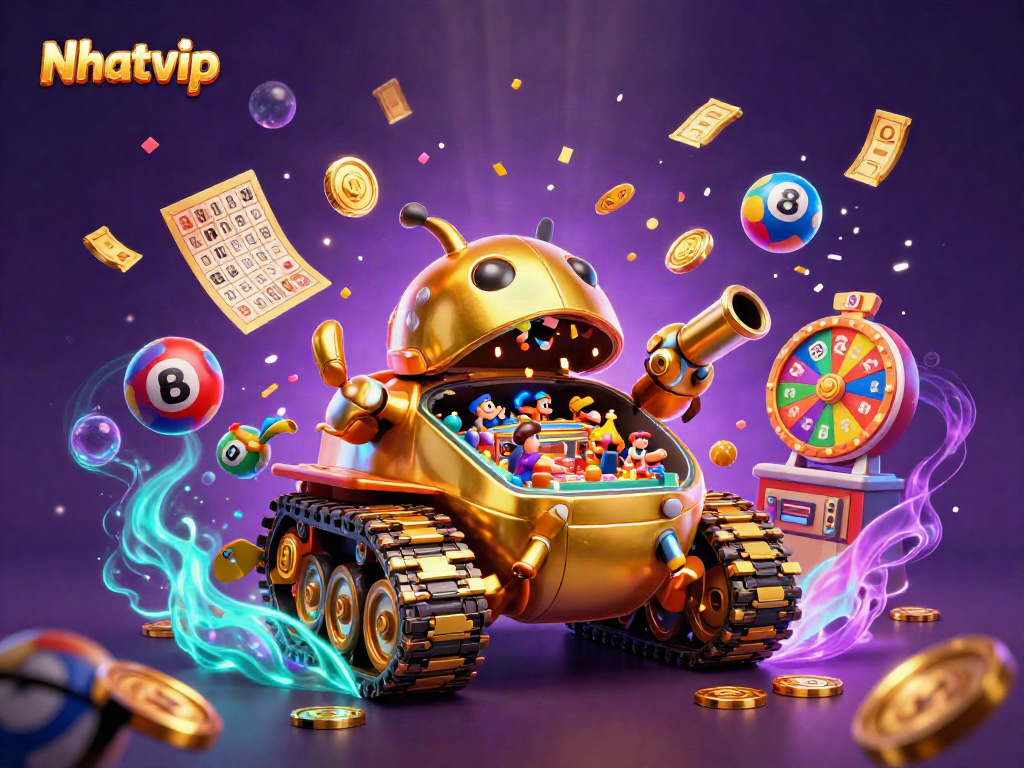Experience the thrill of Nhatvip with a festive 3D casino scene filled with vibrant elements.