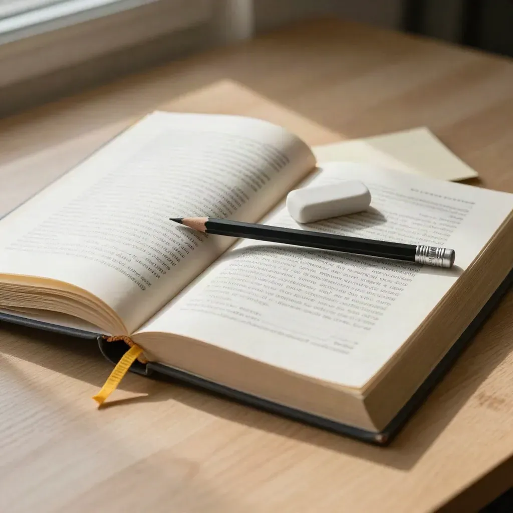Otwarta książka, ołówek i gumka na jasnym drewnie w minimalistycznej scenie edukacyjnej.