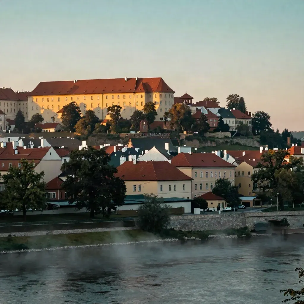 Kraków o zachodzie słońca, Wawel nad mgłą i spokojną doliną Wisły.