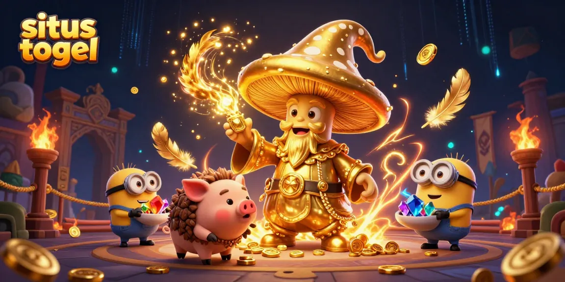 Experience the magic of situs togel with a golden mushroom wizard and treasures in a vibrant casino scene.