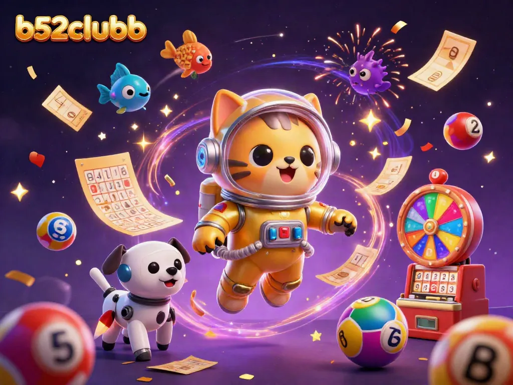 Engage with b52clubb’s thrilling gaming atmosphere in a vibrant 3D illustration featuring unique characters and casino elements.