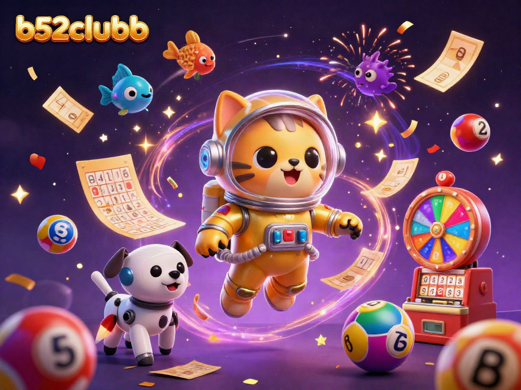 Engage with b52clubb’s thrilling gaming atmosphere in a vibrant 3D illustration featuring unique characters and casino elements.