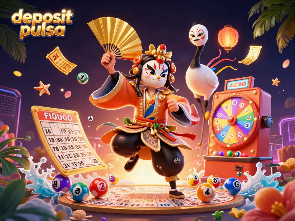 Experience exhilarating deposit pulsa action with a vibrant kabuki warrior and gamified elements dynamically engaging players.