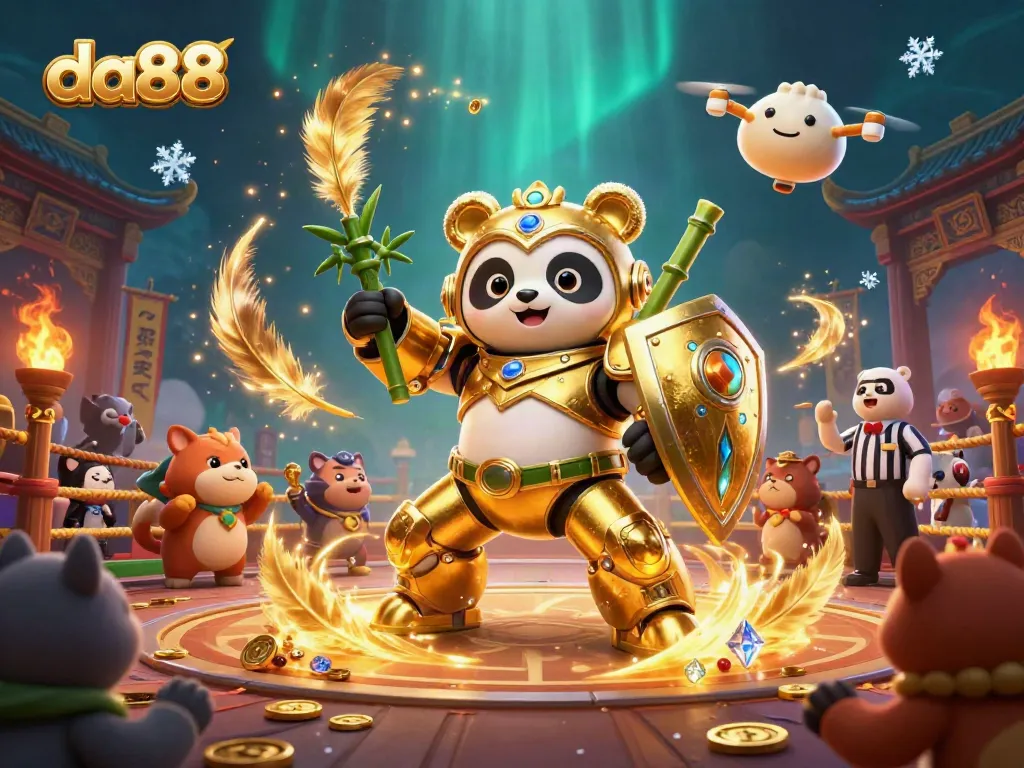 Engage in thrilling battles at da88 with a golden panda mech in a vibrant casino arena.
