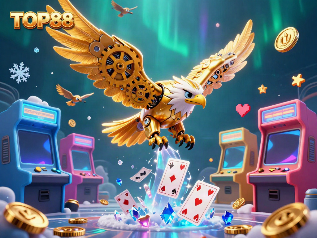 Engage in thrilling gameplay with TOP88’s vibrant casino theme featuring holographic playing cards.