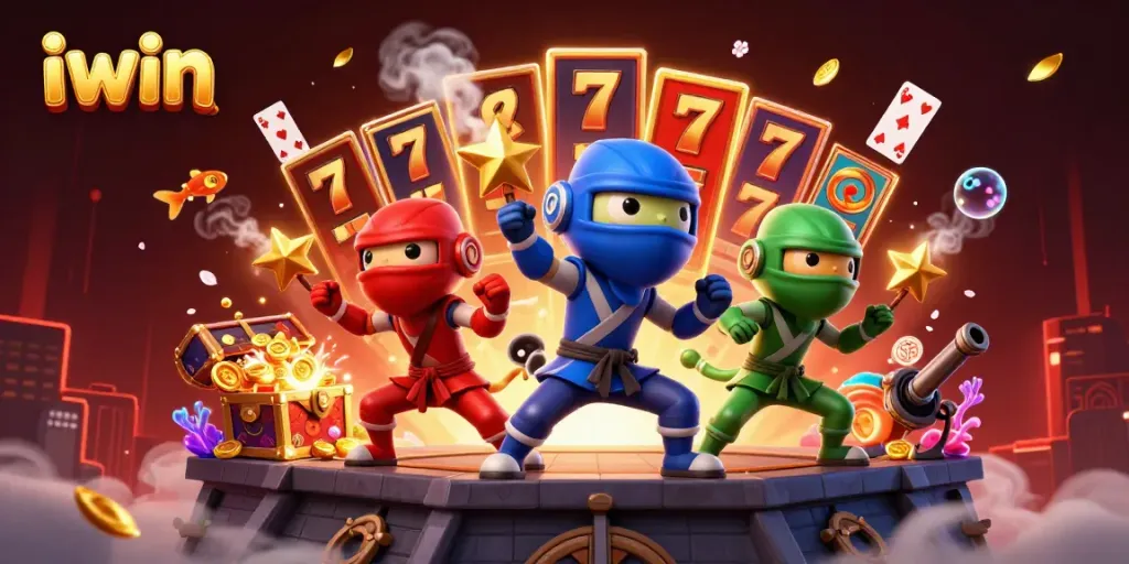 Iwin's dynamic casino scene shows three ninja chameleons embracing the thrill of slots amidst vibrant game elements.