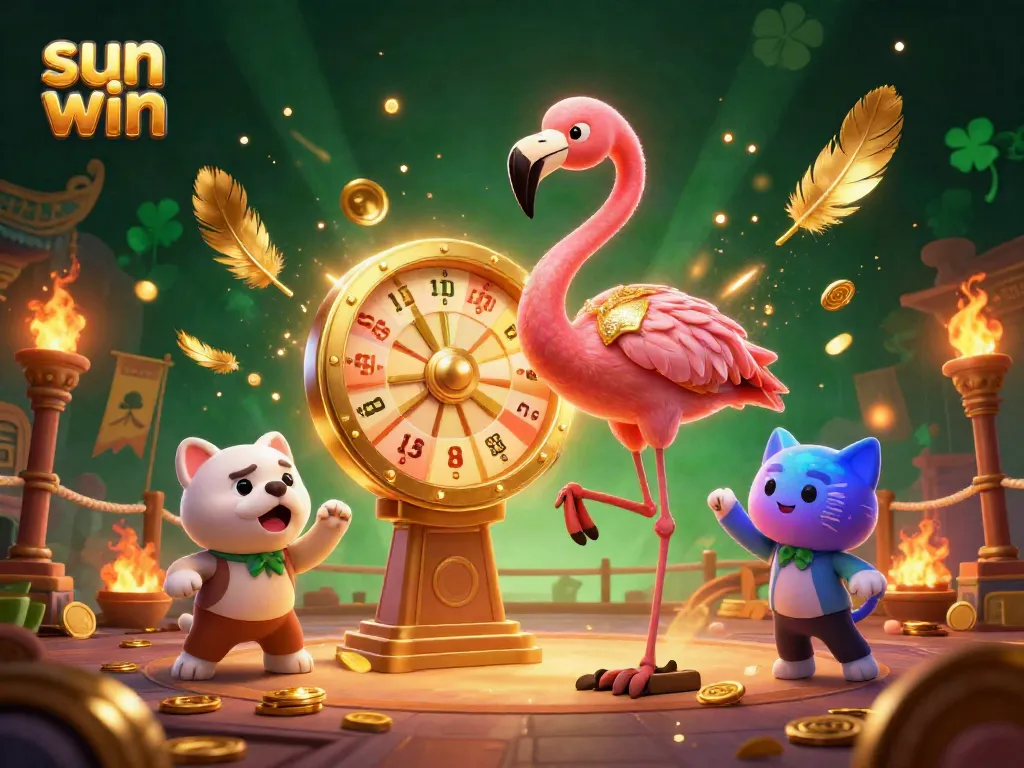Experience the excitement at Sun Win casino with a vibrant game show scene featuring a flamingo host, bulldog contestant, and cat assistant.