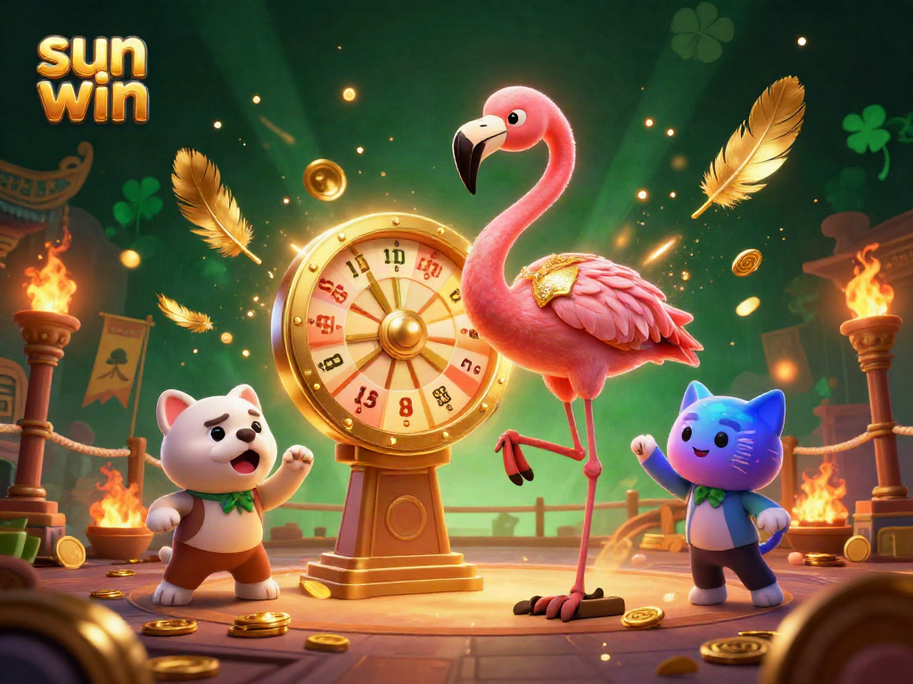 Experience the excitement at Sun Win casino with a vibrant game show scene featuring a flamingo host, bulldog contestant, and cat assistant.