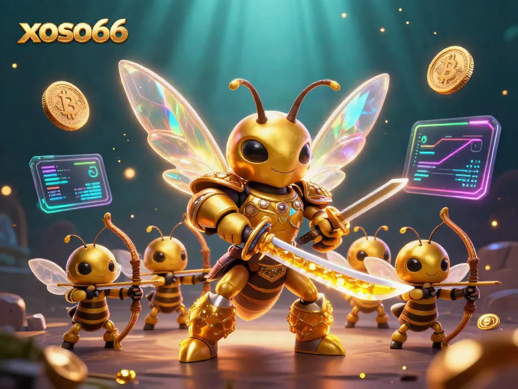 Experience the thrilling xoso66 gaming scene with a golden hornet samurai battling with crypto coins.