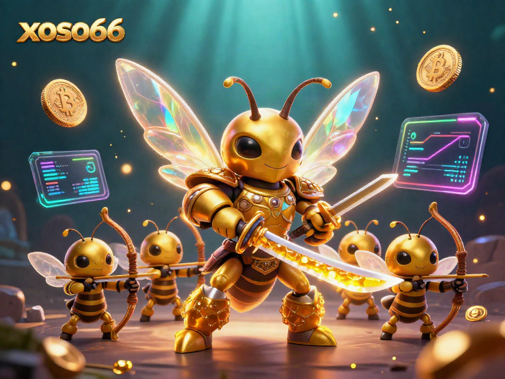 Experience the thrilling xoso66 gaming scene with a golden hornet samurai battling with crypto coins.