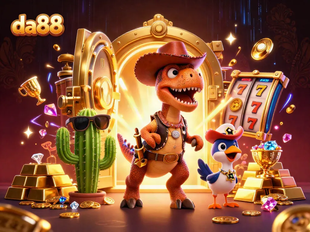 Experience da88 excitement with a cartoon dinosaur and treasures in a vibrant casino scene.