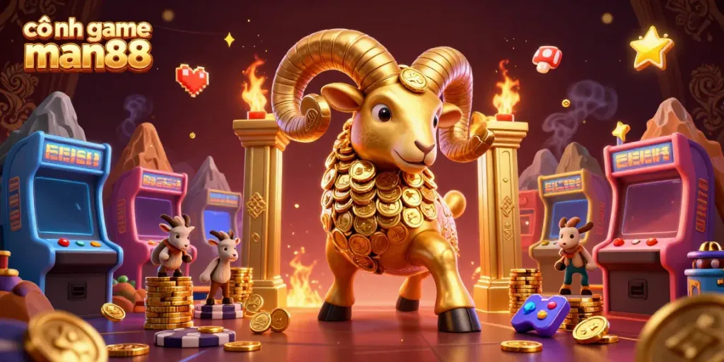 Engage with cổng game man88 in an immersive casino scene featuring a golden ram, arcade games, and vibrant elements.