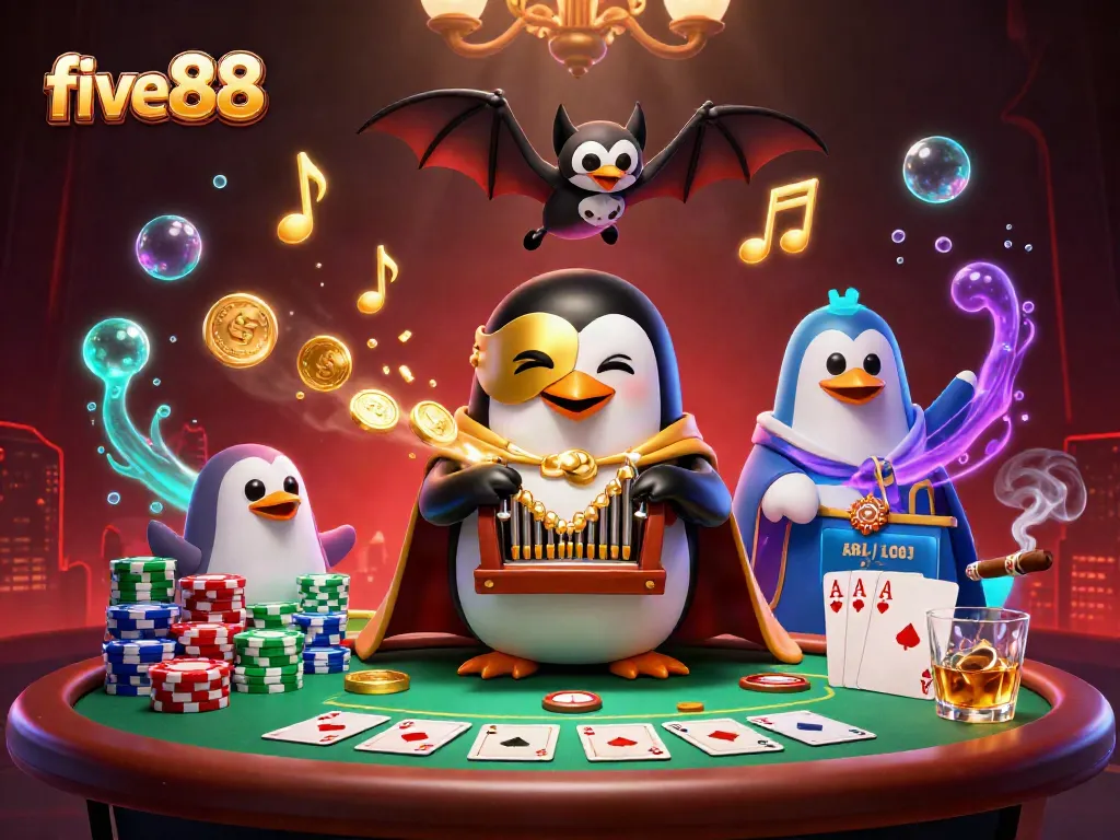 Experience five88's thrill with a penguin playing casino organ amidst vibrant, animated gambling elements.