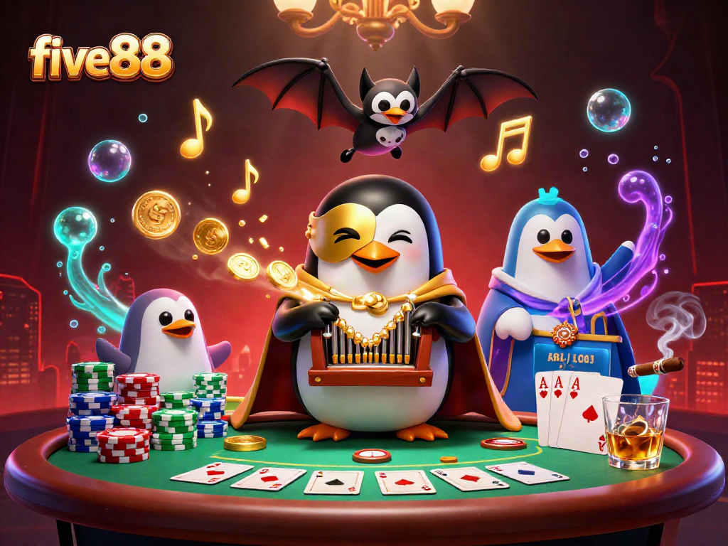 Experience five88's thrill with a penguin playing casino organ amidst vibrant, animated gambling elements.
