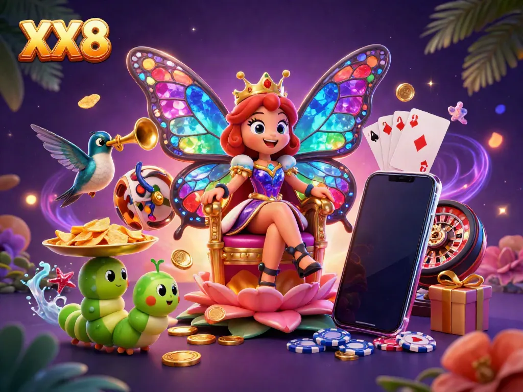Engage with XX8 in a vibrant casino scene featuring a butterfly queen and slot game elements.