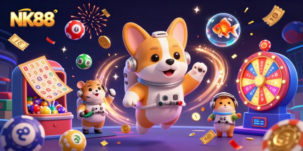 Experience the excitement of NK88 with a vibrant casino scene featuring playful elements and engaging characters.