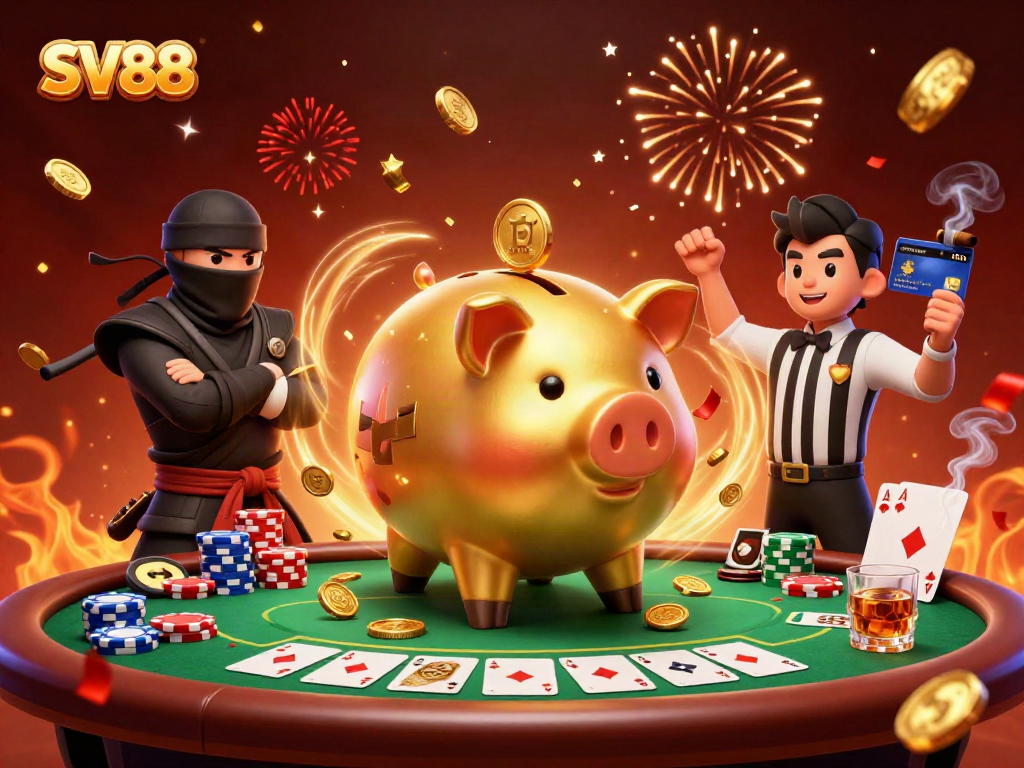 SV88 betting scene with a sumo wrestler piggy bank, wallet ninja, and credit-card samurai amidst an exciting casino atmosphere