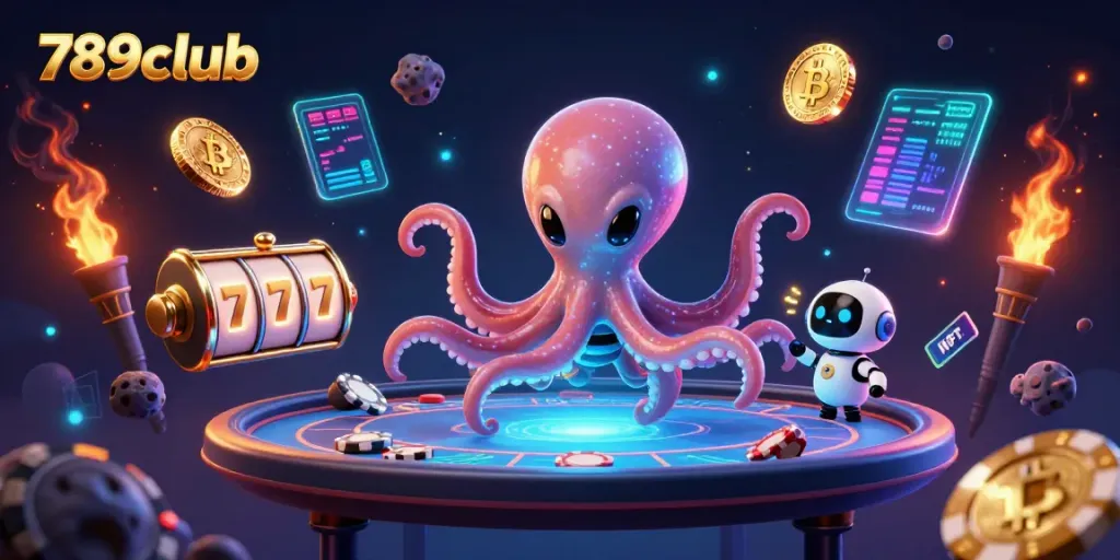 Engage in thrilling gameplay with 789club featuring a vibrant scene of alien octopus dealing poker amidst dynamic gaming elements.