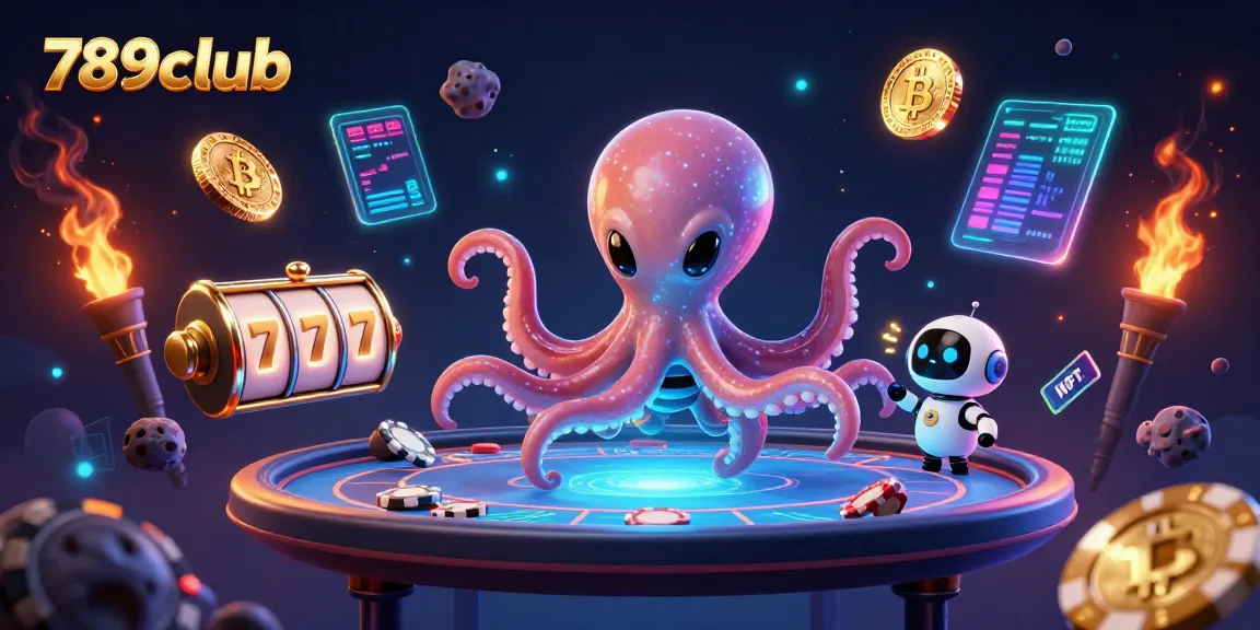 Engage in thrilling gameplay with 789club featuring a vibrant scene of alien octopus dealing poker amidst dynamic gaming elements.