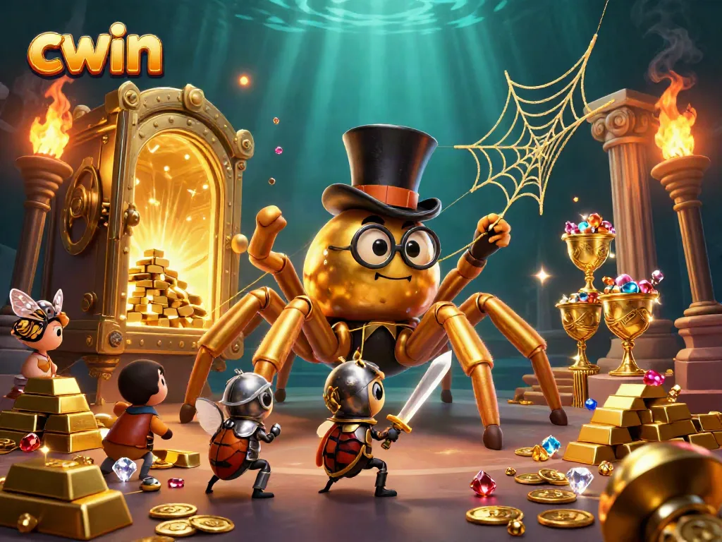 Cwin immersive gaming experience featuring a giant golden tarantula and a beetle knight in a vibrant casino scene.