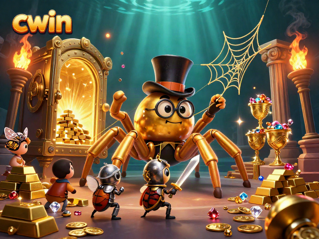 Cwin immersive gaming experience featuring a giant golden tarantula and a beetle knight in a vibrant casino scene.