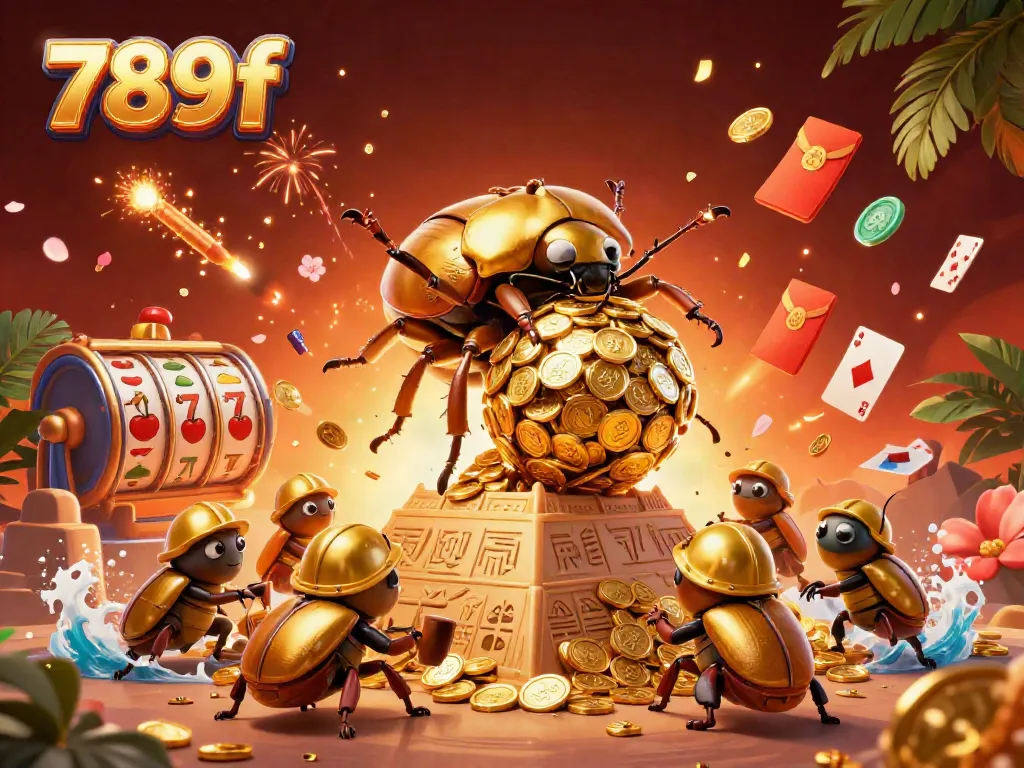 Experience the thrill of 789f as golden beetles roll coins with colorful slot elements, bringing luck and excitement.