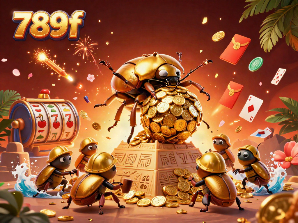 Experience the thrill of 789f as golden beetles roll coins with colorful slot elements, bringing luck and excitement.