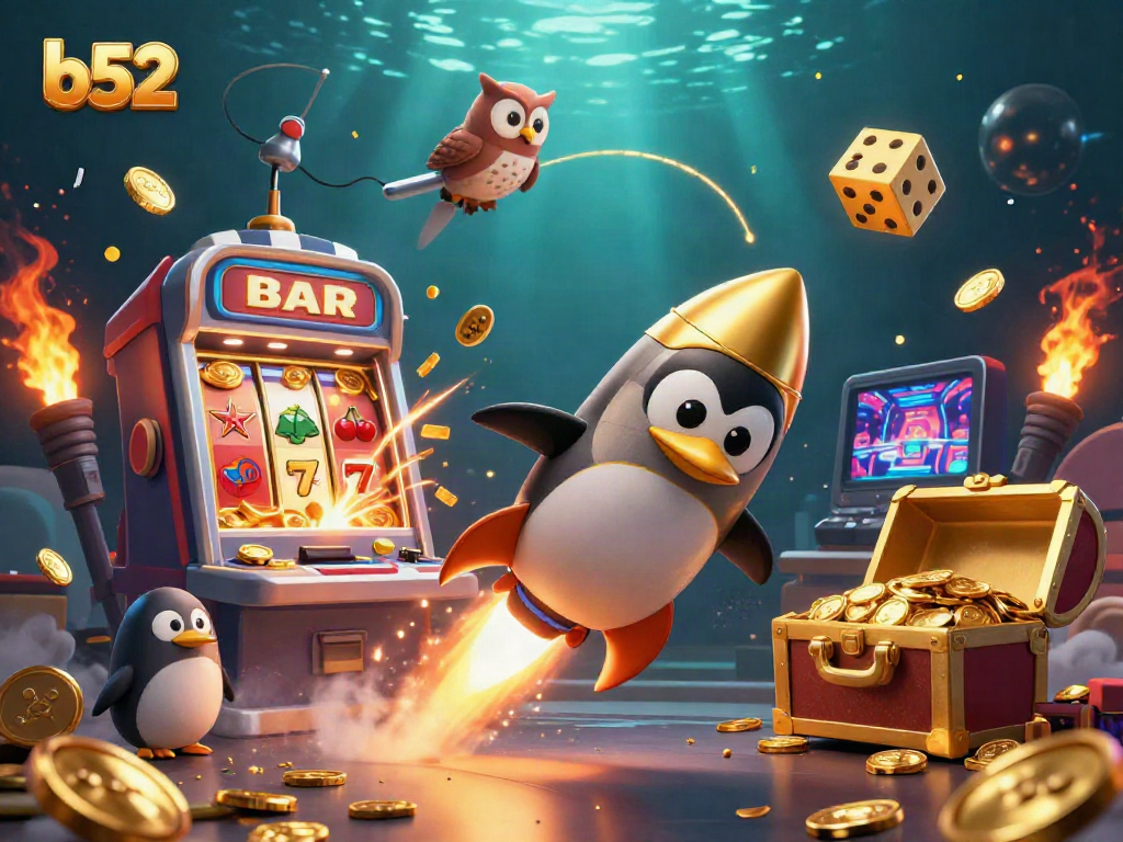 Spin wins at b52 with a golden penguin and jackpot slot machine explosion in a vibrant casino space.