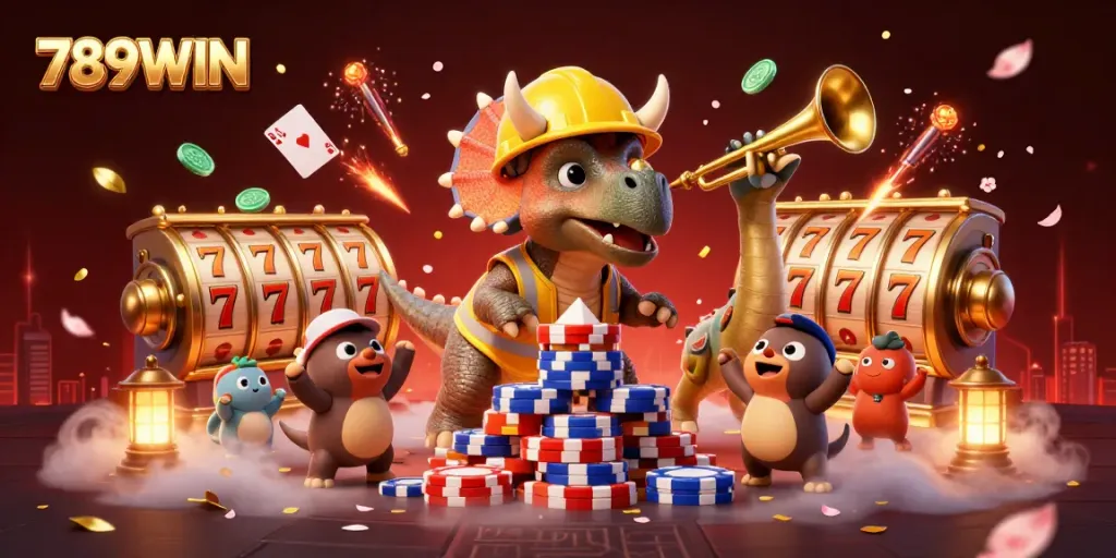 Engage in the thrilling world of 789WIN with a vibrant 3D illustration showcasing a triceratops and celebrating characters amidst casino elements.