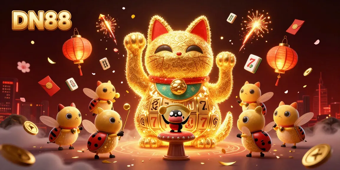 Engage in thrilling gameplay with DN88's vibrant casino atmosphere featuring a giant lucky cat.