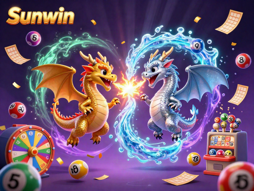 Experience the thrill of Sunwin with dynamic colorful lottery elements and magical dragons in flight.