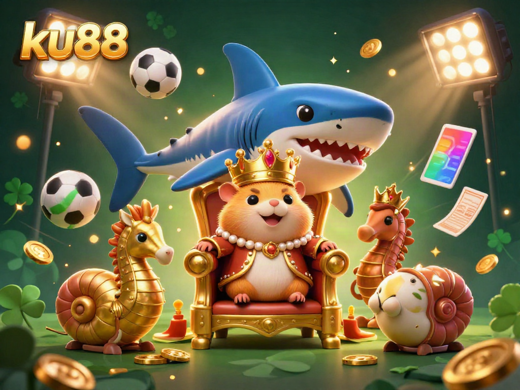 Bet on big with ku88 featuring a golden hamster king and sports elements in a vibrant casino scene.