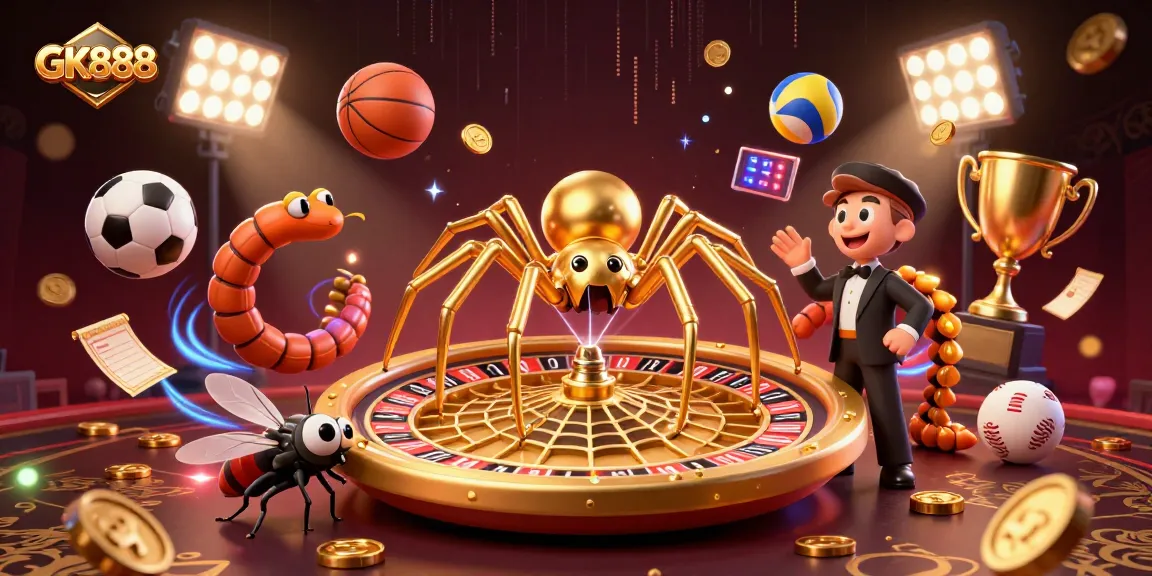 Engage in thrilling bets at GK888, where a golden spider spins a roulette wheel, surrounded by dynamic sports elements.