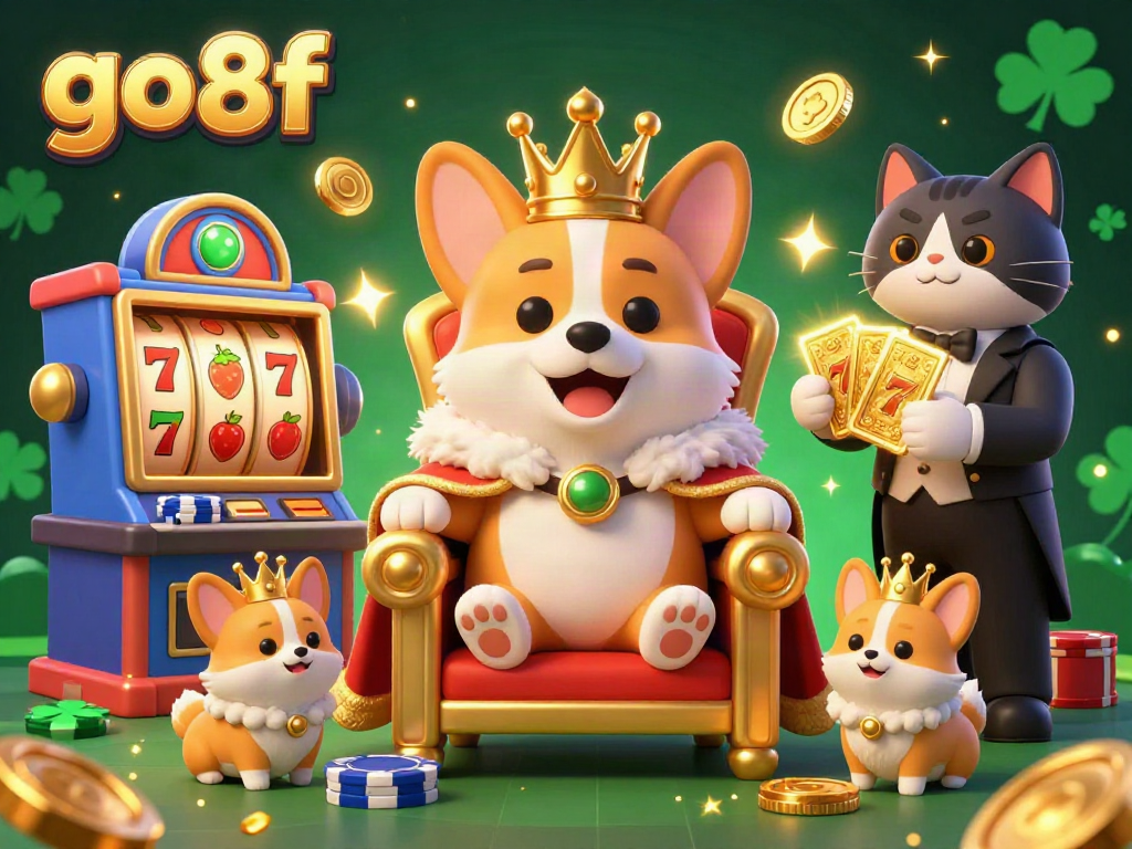 Engage with go8f's vibrant slot games featuring a royal corgi and dazzling game elements.