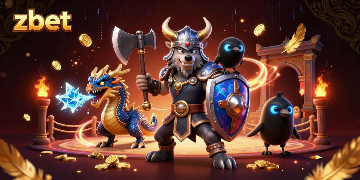 Experience the excitement of zbet with a Viking warrior, dragon, and raven in a vibrant casino setting.