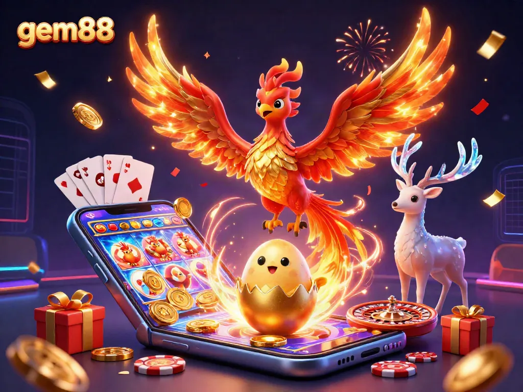 Experience thrilling gaming with gem88’s vibrant phoenix and casino elements.