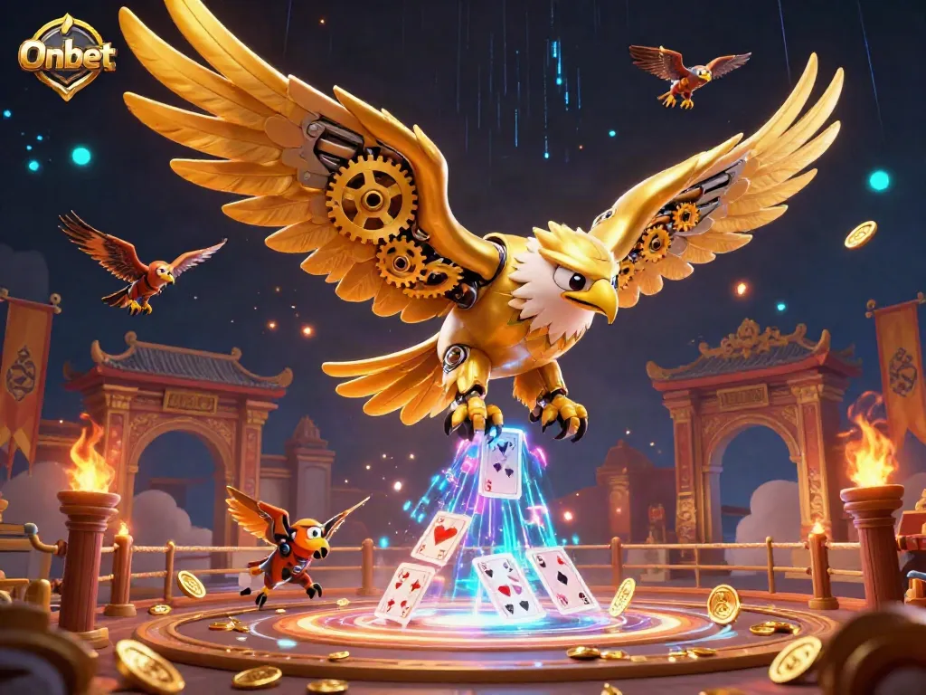 Experience exhilarating gameplay at Onbet with a cybernetic golden eagle battling through holographic cards.